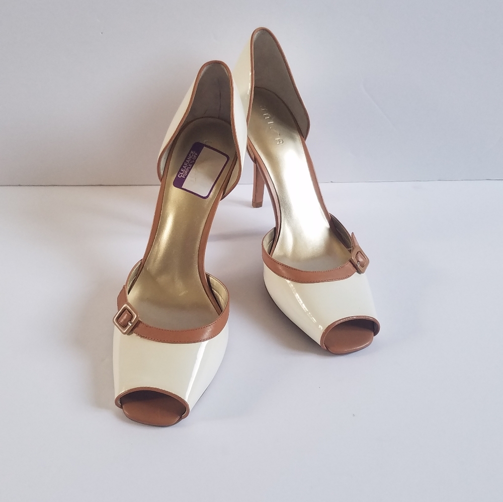 Unisa Cream & Tan Patent Peep Toe Heels 10